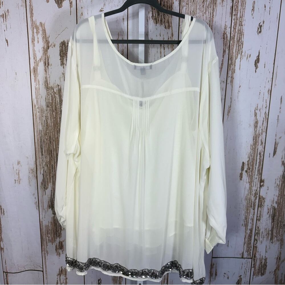 Ellos, Ivory Blouse with Beaded Hem and Pleating, and Layering Tank. Size 5X. - Picture 7 of 12